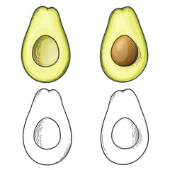 Cartoon avocado. Ripe avocados fruits, avocado slices vector illustration set. Hand drawn vector sketch engraved illustration. Great for label, poster, print. Black isolated on white background