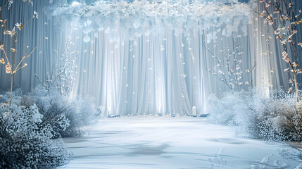 Naklejka premium Serene winter scene with delicate snow-covered trees, soft lighting, and a tranquil atmosphere