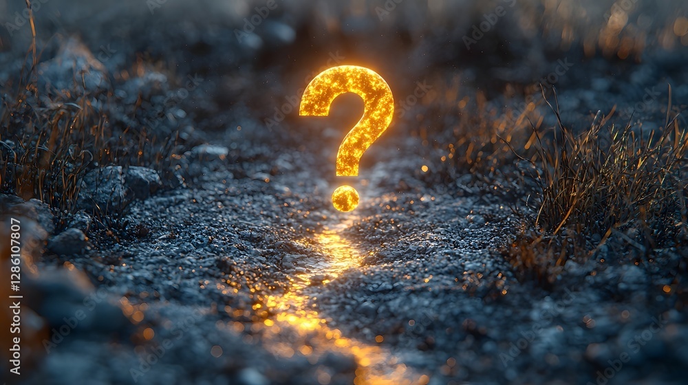 Poster glowing question mark floating above forked path symbolizing life choices and uncertainty