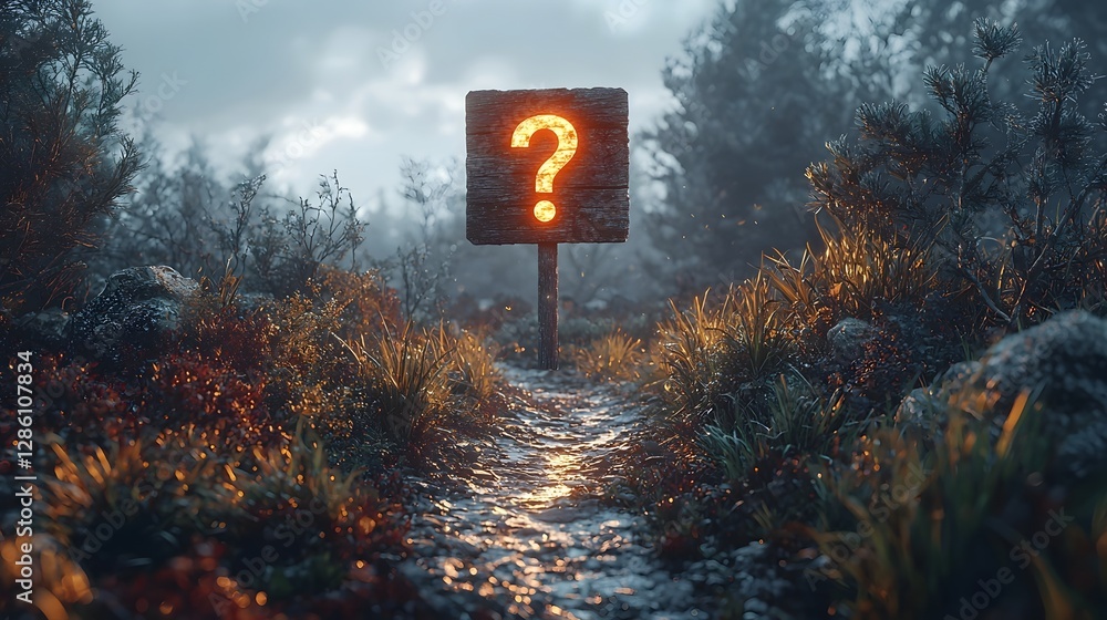 Poster glowing question mark floating above a forked path symbolizing life choices and uncertainty in a ser