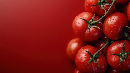 A close cluster of luscious, red tomatoes featuring a dewy finish, perfectly representing the freshness and vitality of homegrown produce in a garden.