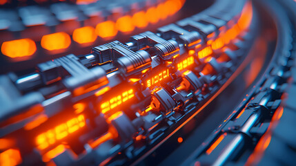 Obraz premium A close-up view of illuminated metallic components, showcasing intricate details and glowing orange lights integrated into a futuristic design.
