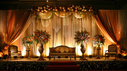 Elegant wedding stage setup with floral decorations and soft lighting creating a romantic ambiance
