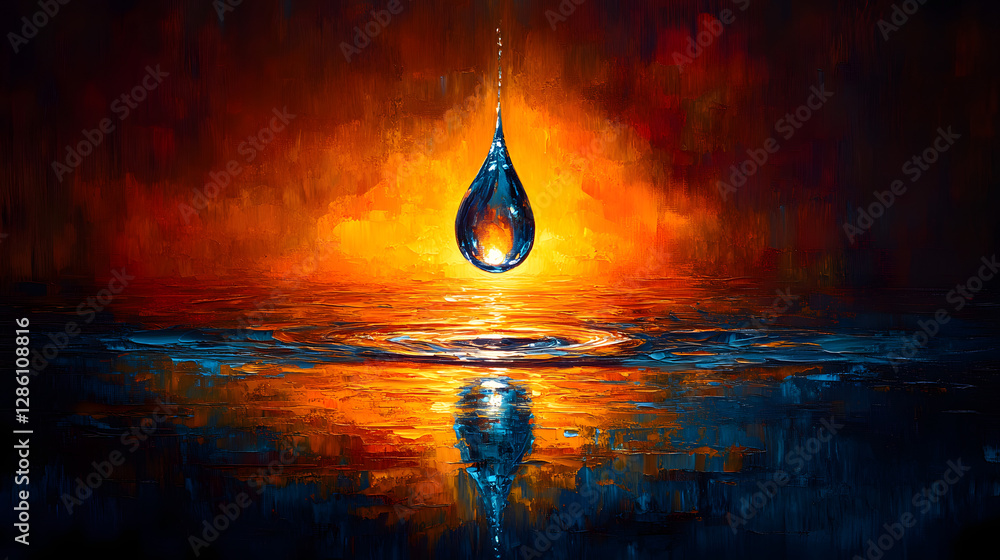 Poster water drop: the image features a mesmerizing water drop suspended against a fiery background, creati