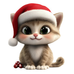 A Jolly 3D Cartoon Cat Wearing a Santa Hat Sitting Down Isolated on Transparent Background