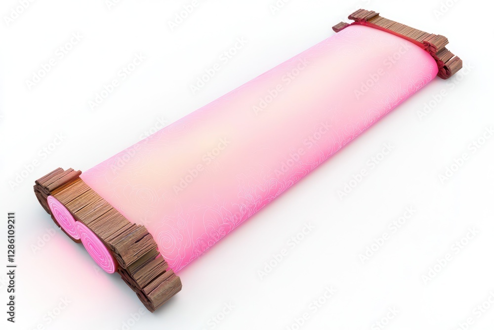 Poster soft neon pink chinese paper scroll with a subtle glow and wooden frame in 3d render.