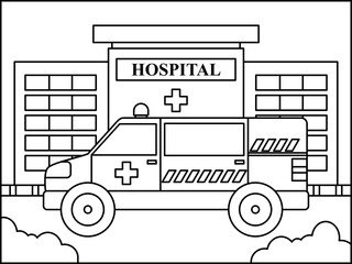 simple design of coloring page about hospital and ambulance © ikaaa