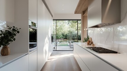 This contemporary kitchen showcases bright lighting, stylish white cabinetry, and harmonizes beautifully with the surrounding outdoor nature view.