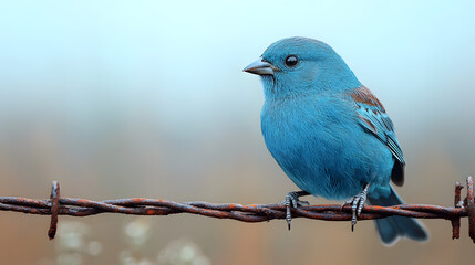 Azure Perch: A vivid blue bird perches gracefully on a weathered wire, showcasing its striking plumage, the intricate details of its feathers, and the serene beauty of its natural environment. 