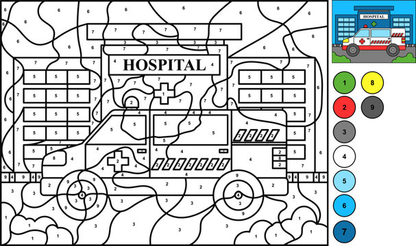 coloring page by number of hospital and ambulance
