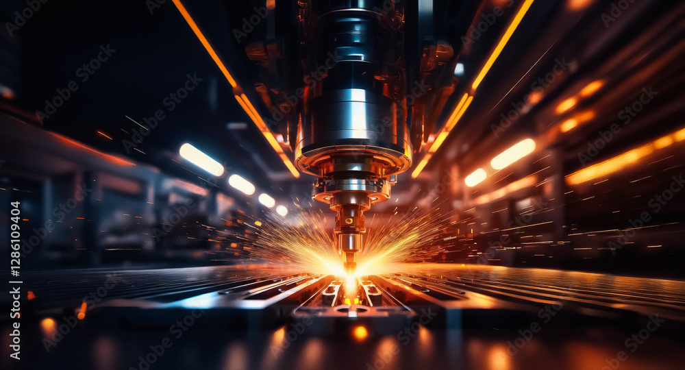 Fototapete an industrial machine precisely cuts metal, creating bright sparks in a dark factory setting with bl