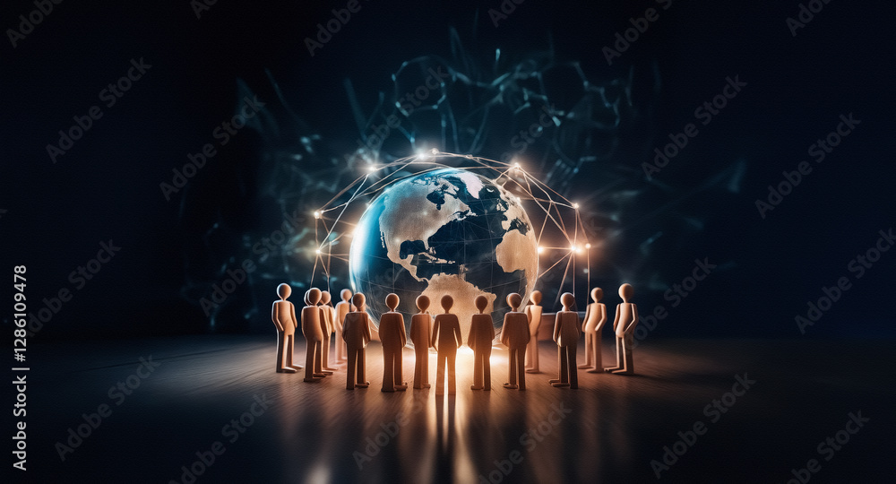 Aufkleber a group of figures stand around a glowing globe with network connections. it illustrates global coll