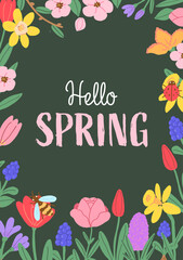 Hello Spring Greeting Card. Postcard with Hand Drawn Spring Flowers.