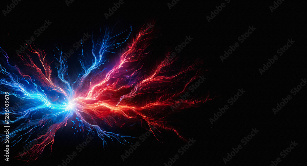 Poster vibrant energy streams from a central point, branching out in electric blue and fiery red against a 