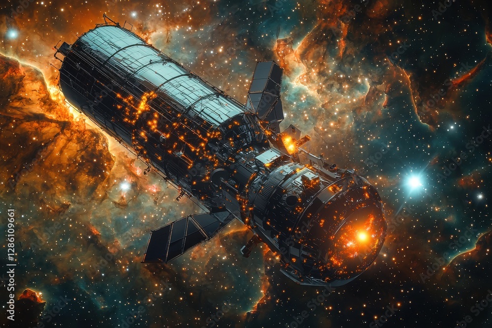 Poster an advanced space station orbits in deep space, surrounded by vibrant nebulae, illuminated by intern