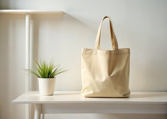 Minimalist Beige Tote Bag on White Shelf - Modern Interior Stock Photo