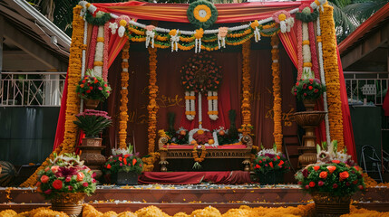 Vibrant floral decoration for a festive celebration with ornate backdrop and colorful arrangements