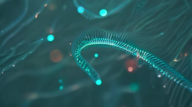 A highly detailed 3D-rendered visualization of a futuristic microscopic organism with glowing, ribbed structures, representing advanced biotechnology and synthetic biology.  
