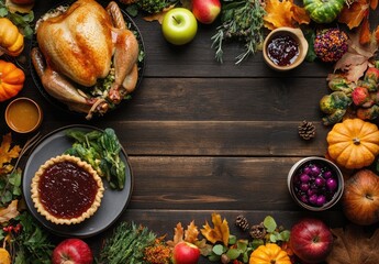 Roasted Thanksgiving Turkey, Autumn Harvest Feast on Wooden Table