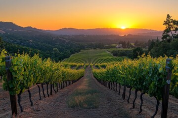 Fototapeta premium Sunset over a vineyard with rolling green hills and rows of grapes