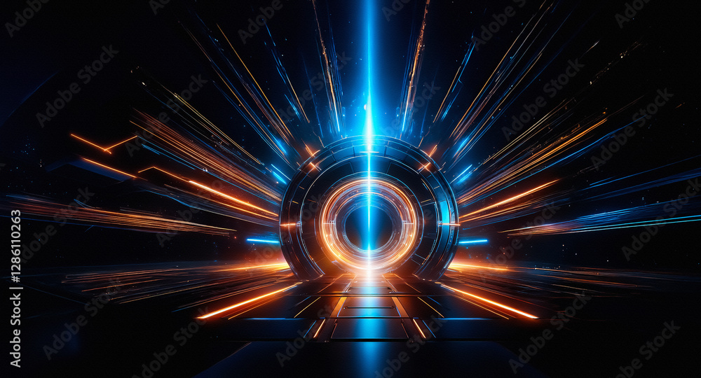 Poster Futuristic abstract portal emitting vibrant blue and orange light. Circular gateway with radiating beams and a tunnel effect creating depth.