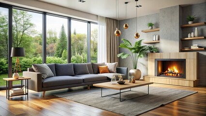 Fototapeta premium Modern Minimalist Living Room Interior Design with Cozy Fireplace and Large Window