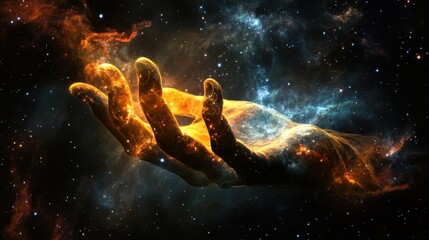 Obraz premium A surreal cosmic hand reaches from a nebula, its glowing fingers sculpting new constellations