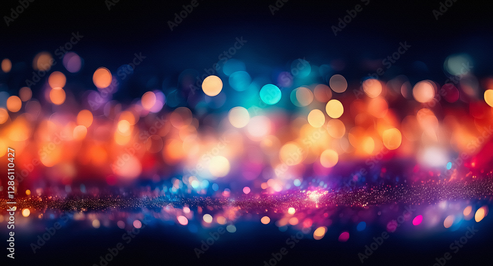 Poster abstract bokeh lights create a vibrant and festive atmosphere with a blend of orange, blue, and pink