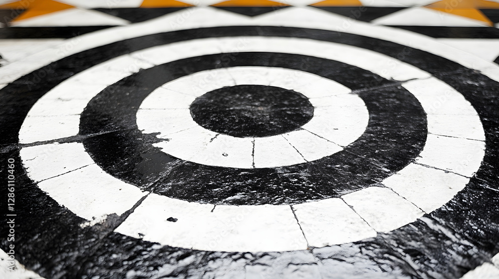 Poster abstract geometric floor design: close-up shot showcasing an eye-catching black and white concentric