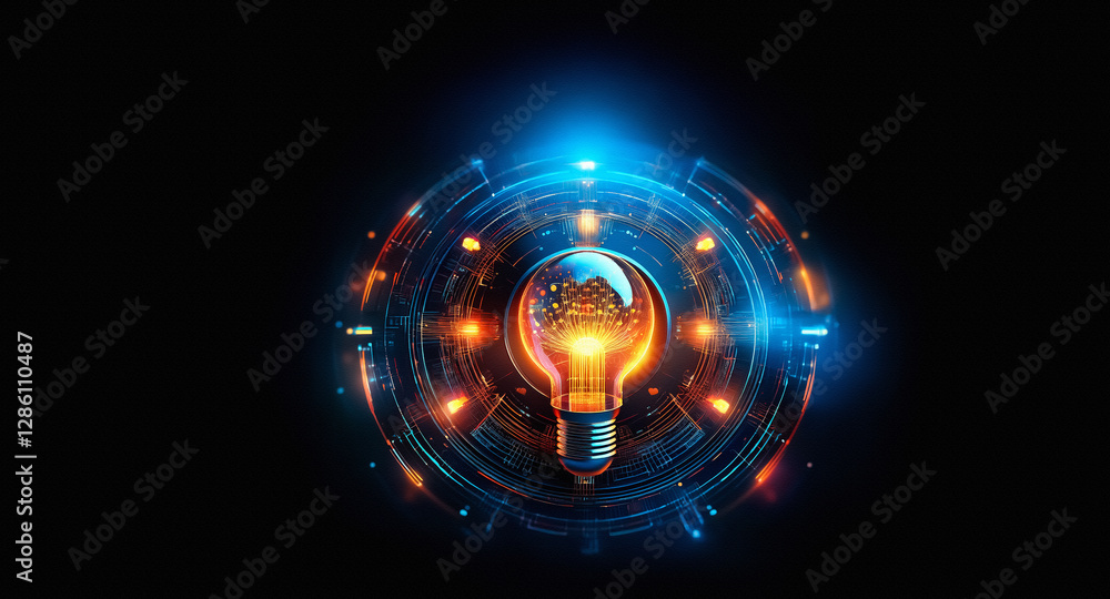 Poster a glowing light bulb emits bright orange light, surrounded by futuristic blue and orange circular pa