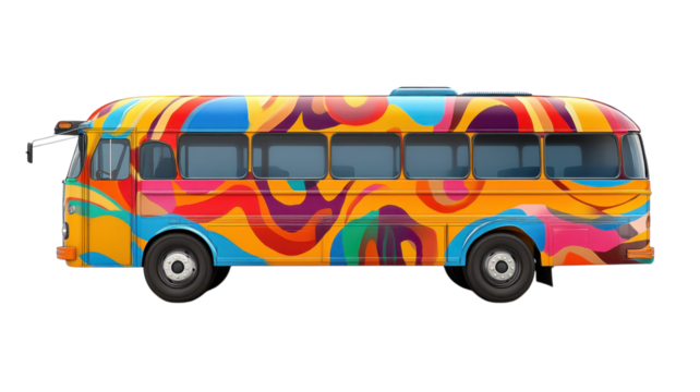 Colorful mural bus parked in a bright outdoor setting showcasing vibrant patterns and sunlight highlighting its unique design