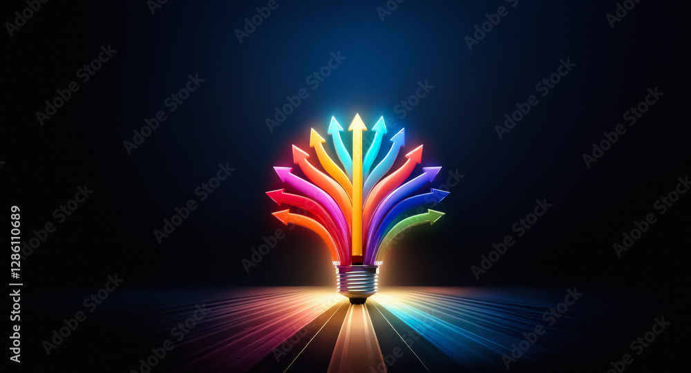 Poster colorful arrows sprout from a lightbulb base, directed upwards against a deep black background, repr