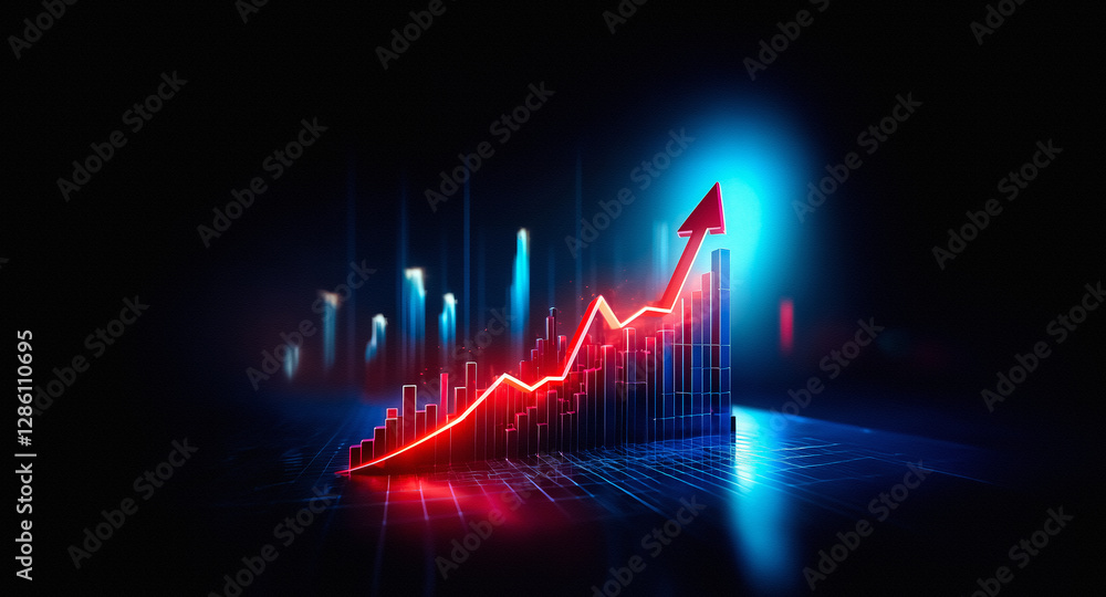 Aufkleber a vibrant red arrow dynamically ascends against a dark backdrop, illuminated by blue light, symboliz