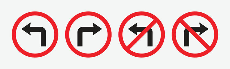 Collection of vector icons of traffic signs information signs allowed to turn right and turn left and not allowed to turn right and left. A symbol of attention and safety for public motorists