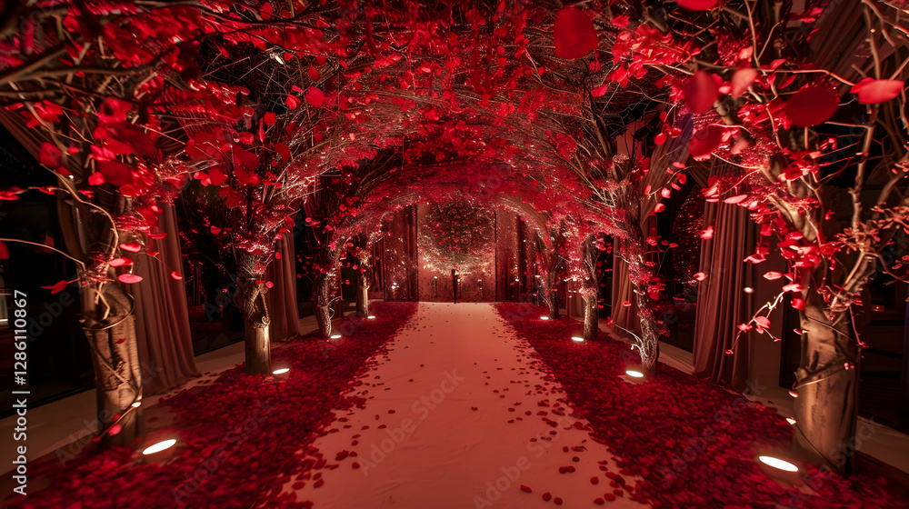 Poster romantic pathway adorned with red leaves and petals, creating an enchanting atmosphere for events