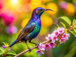 Obraz premium Purple Sunbird Feeding on Flowers, Vibrant Tropical Bird on Branch
