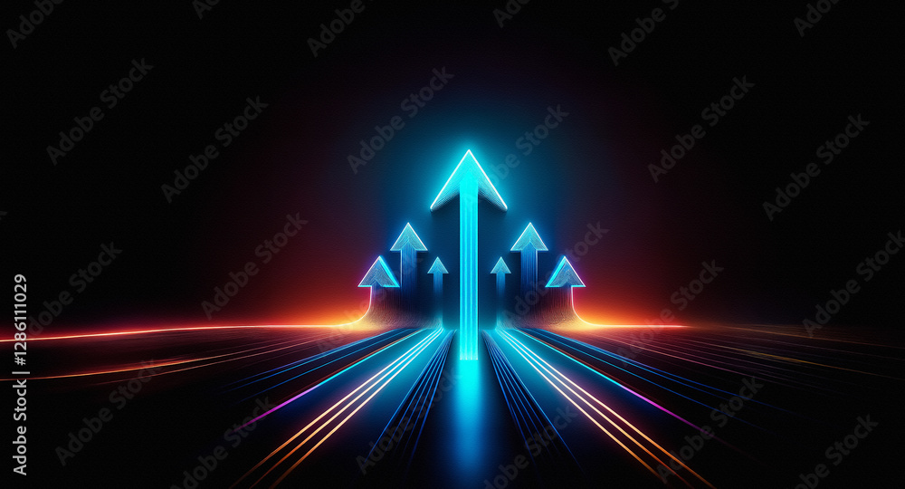Leinwandbilder illuminated blue arrows pointing upwards on a dark backdrop, symbolizing growth and forward directio