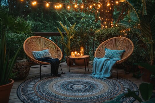 Bohemian outdoor lounge with cozy seating under string lights