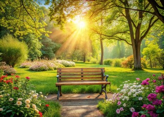 Fototapeta premium Serene Park Bench: Tranquil Spring Day, Sunny, Green Grass