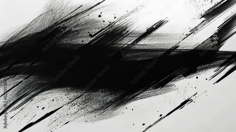 Poster dynamic black brush strokes create an abstract art piece on a white canvas with a sense of movement 