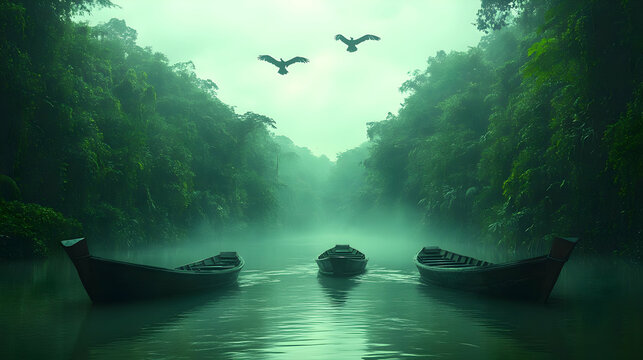 Pixelated Misty River Through Lush Green Forest