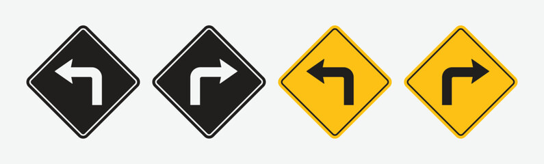 Collection of vector icons of traffic signs warning information about turning right and turning left. A symbol of attention and safety for public motorists. Vector illustration