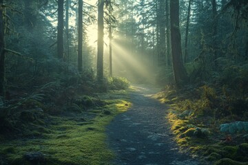 Obraz premium Misty enchanted forest with sun rays filtering through dense trees