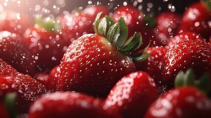 This vibrant image showcases fresh and juicy strawberries surrounded by splashing water droplets, emphasizing their freshness and appeal in a natural setting.