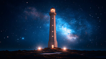 Guiding Light: A majestic lighthouse stands tall, its beacon cutting through the inky darkness, with a breathtaking display of the galaxy shimmering above.