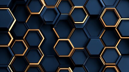 Navy Blue and Gold Hexagon 3D Render: Abstract Geometric Pattern AI Generated