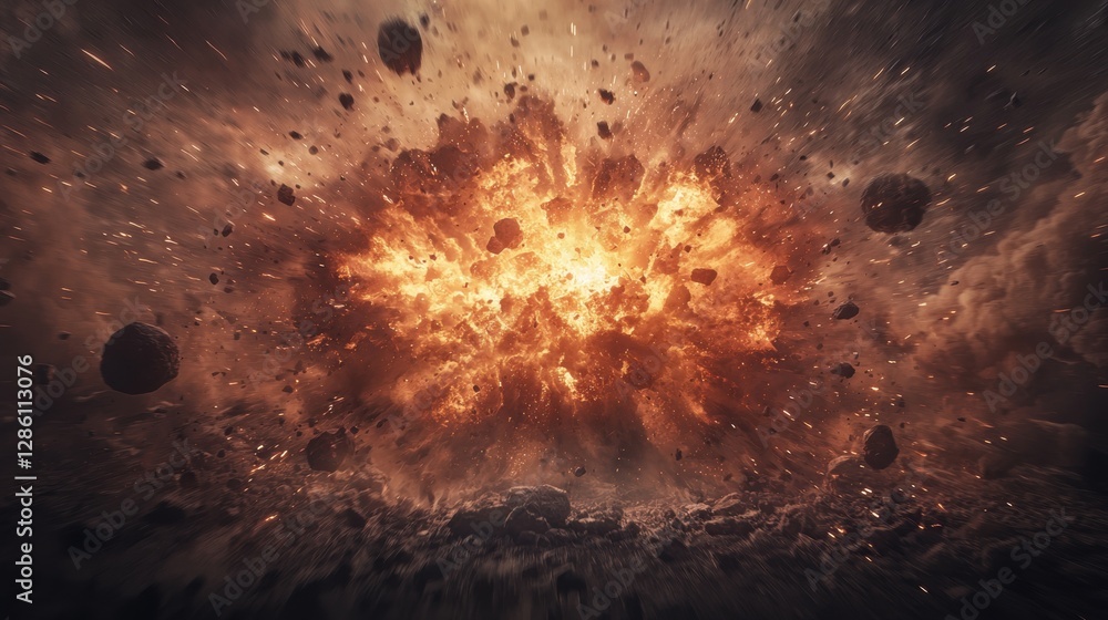 Poster dramatic explosion in space with glowing planets and debris in a dynamic battle scene