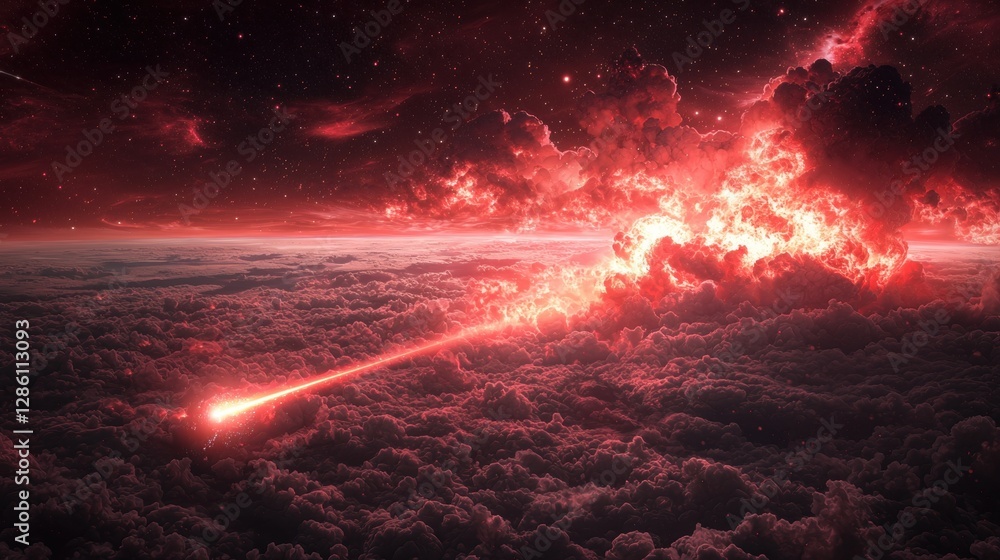 Poster dynamic space battle scene with glowing red planets and energetic rays in cosmic background