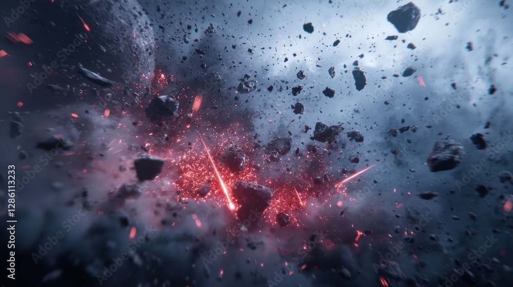 Poster dynamic action scene in space with explosive particles and cosmic battles
