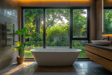 Fototapeta premium Luxurious modern bathroom with a large bathtub and floor-to-ceiling windows